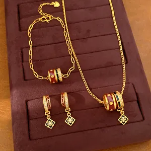 24K Gold Plated Zirconia Enamel Rhombus Flower Jewelry Set For Women Copper Inlaid Zircon Necklace Bracelet Earrings Vintage Accessories