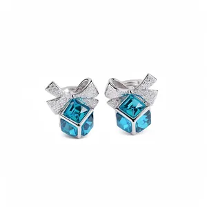Boucles d'Oreilles à Clip Carrées Nœud Papillon Zirconia Cuivre Pierre Bleue Géométrique Pour Femmes Bijoux de Mode Luxe