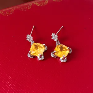 Elegant French style silver earrings with square yellow zircon stones and small diamonds