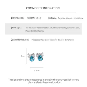 Spécifications détaillées des clips d'oreilles carrés avec nœud en zircon et taille.