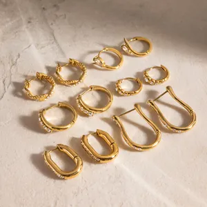 Pendientes de Aro de Acero Inoxidable con Diamantes de Imitación para Mujer Chapados en Oro Geométricos Ovalados Joyería de Moda