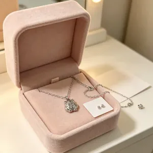 Gedetailleerd beeld van zilveren uil hanger ketting en oorknopjes in roze fluwelen doos