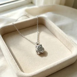 Detailopname van een zilveren uil hanger ketting op een beige sieraden dienblad