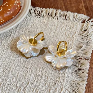 Elegant 14k gold plated white flower petal hoop earrings for women, stylish jewelry accessory