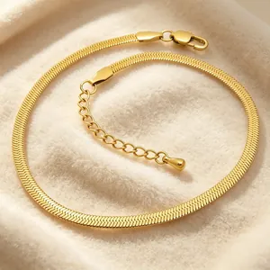 Macro view of 18K gold plated stainless steel 3mm herringbone blade chain with clasp