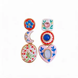 Asymmetrical Resin Painted Flower Heart Drop Earrings With Silver Earring Post Retro Personalized Alloy Stud Earrings For Women