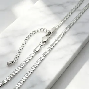 Close-up of a 3mm silver stainless steel blade chain necklace with lobster clasp