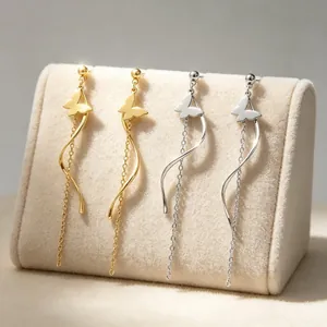 Boucles d'Oreilles Clous Papillon Long Gland en Acier Inoxydable pour Femmes Élégantes Ligne Ondulée Torsadée Or Argent Bijoux de Mode