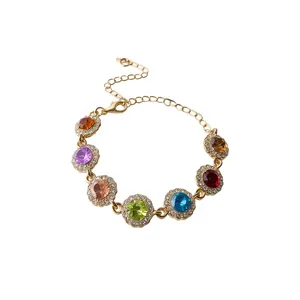 Bracelet Géométrique en Strass Multicolore Style Dopamine pour Femmes Mode Alliage Plaqué Or Ajustable Jonc en Cristal Rond Bijoux