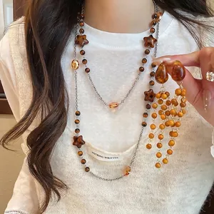 Vintage Maillard Holz Künstlicher Kristall Perlen Schmuck Halskette Und Ohrringe Für Damen Retro Quaste Pulloverkette Herbst Winter Accessoire