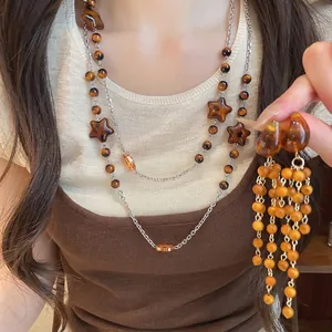 Maillard Stil Retro Holz Kristall Perlen Halskette und Quasten Ohrringe Set für Herbst