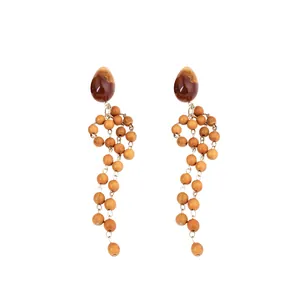Retro Maillard style brown wood and crystal beaded long drop earrings for women