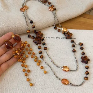 Vintage Maillard Wood Artificial Crystal Beaded Jewelry Necklace And Earrings For Women Retro Tassel Sweater Chain Autumn Winter Accessory