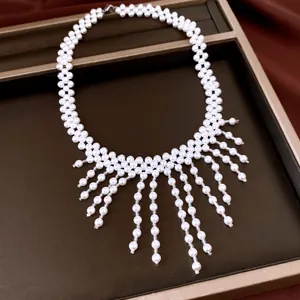 Handmade retro palace style pearl beaded fringe necklace accessory for elegant women