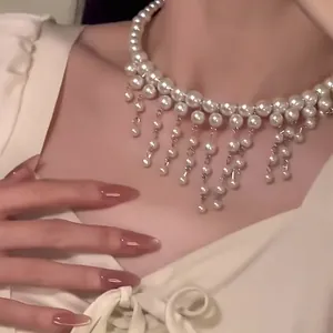 French Style Artificial Pearl Tassel Choker Necklace Elegant Multi Layer Beaded Chain For Women Wedding Party Jewelry Accessory