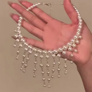 Elegant French style pearl fringe choker necklace with delicate beaded tassel detail