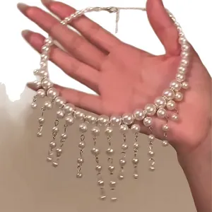 Elegant French style pearl tassel choker necklace for women, premium fashion jewelry.