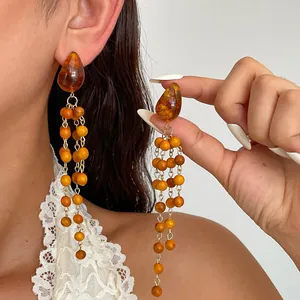 Vintage Resin Wood Bead Tassel Earrings For Women 925 Sterling Silver Post Water Drop Long Dangle Statement Earrings Retro Jewelry
