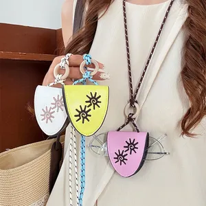 Bohemian Leather Sunflower Pendant Necklace With Wooden Ring Glasses Holder Strap For Women Handmade Long Sweater Chain Jewelry