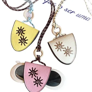 Handmade leather sunflower sunglasses holder pendant necklace with a colorful woven cord