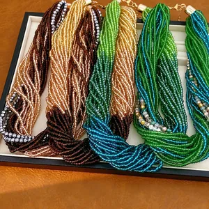 Bohemian multi-strand glass seed bead choker necklaces in vibrant earth and ocean tones