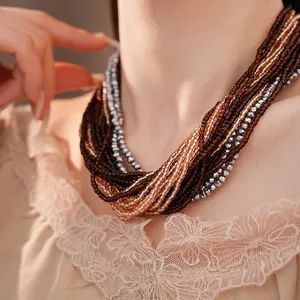 Elegant multi-layer glass bead necklace for women in champagne, bronze, and silver tones