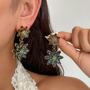 Vintage Legering Dubbele Bloem Oorknopjes Met Zilveren Oorsteker Luxe Blauw Bruin Groen Strass Geometrische Oorbellen Voor Vrouwen