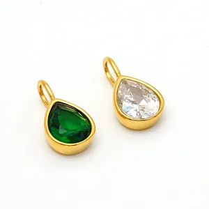 Pair of elegant stainless steel teardrop pendants with emerald and white zircon stones