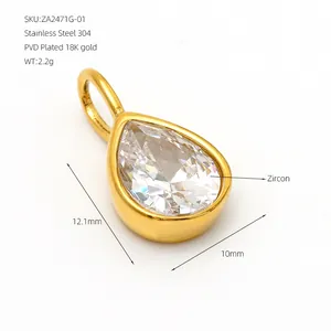 Close-up of a pear-shaped zircon pendant in gold-plated stainless steel with measurements.