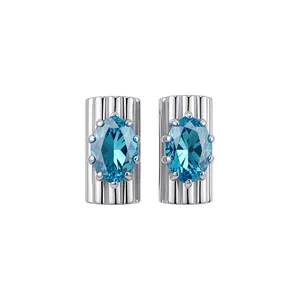 Luxe Blauwe Zirkonia Ovale Oorknopjes Met 925 Sterling Zilver Stift Koper Minimalistische Elegante Oorbellen Voor Vrouwen Sieraden