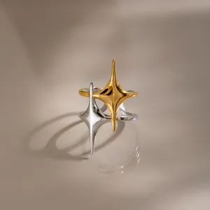French Vintage Double Star Stainless Steel Open Ring For Women 18K Gold Plated Mixed Color Adjustable Four Pointed Star Jewelry