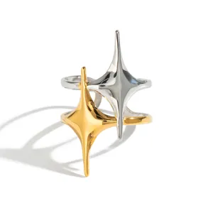 French vintage double star stainless steel 18K gold plated open ring for women