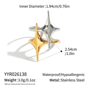 Detailed dimensions of a double star stainless steel ring in gold and silver finish