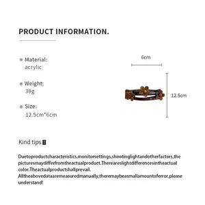Detailed specifications for French acrylic flower hair clip showing dimensions and material info