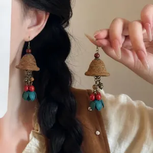 Ethnic Style Wooden Flocking Tassel Ear Hook Earrings Retro Wind Chime Shape Light Luxury Jewelry For Women