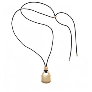 Elegant Korean style leather cord necklace with a matte gold geometric pendant for daily wear