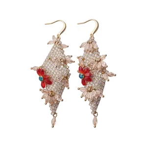 Luxus Glasiertes Glas Blumen Quaste Ohrringe Mit Zirkonia Einlage Vergoldet Western Stil Blume Haken Ohrringe Für Damen Schmuck