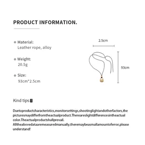 Product specifications for the leather rope necklace featuring a round alloy pendant