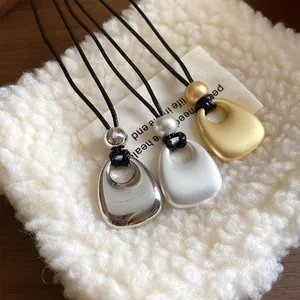 Korean Minimalist Alloy Metal Round Pendant Necklace Black Leather Rope Matte Polished Long Sweater Chain Jewelry For Women