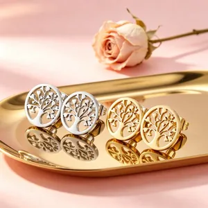 Boucles d'Oreilles Clous Arbre de Vie en Acier Inoxydable 304 Ajourées Forme Ronde Bijoux de Mode Pour Femmes