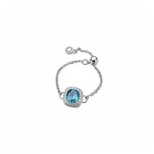 Bague Chaîne Réglable en Zirconia Carré Bleu de Luxe pour Femmes Cuivre Plaqué Argent Incrusté Strass Bijoux de Mode