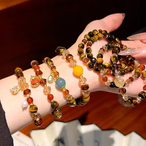 Retro Maillard Stil Tigerauge Perlenarmband Für Damen Facettierter Kristall Legierung Flaschenkürbis Anhänger Elastisches Band Schmuck