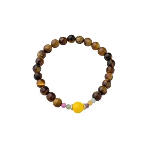 Retro Maillard Style Tiger's Eye Beaded Bracelet For Women Faceted Crystal Alloy Gourd Charm Elastic String Autumn Winter Jewelry