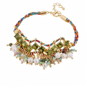 Etnische Stijl Gevlochten Touw Armband Vintage Strass Kwastje Kunstparel Armring Voor Vrouwen Boho Sieraden