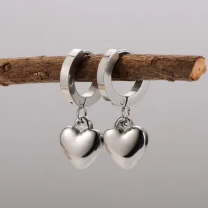 Minimalist 304 Stainless Steel Heart Pendant Hoop Earrings Small Polished Silver Color Heart Dangle Earrings For Women Fashion Jewelry