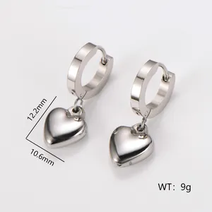 Close-up detail of stainless steel heart hoop earrings with precise size and weight markers