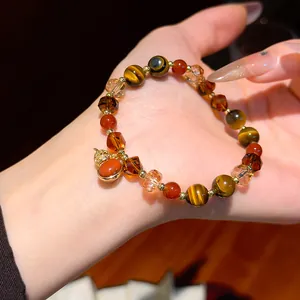 Maillard retro tiger eye and crystal beaded bracelet with a delicate gold gourd charm.