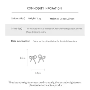 Detailed sheet showing dimensions and material of silver bow-knot zircon earrings