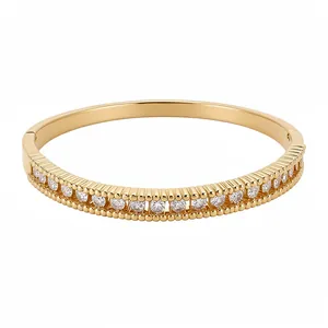 Bracelet Jonc de Luxe Plqué Or 18K Zirconia Double Couche Rond Évidé pour Femmes Bijoux de Mode Délicats Cadeau Accessoire de Fête