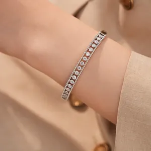 Nahaufnahme eines eleganten zweireihigen Silberarmreifs mit runden Zirkonia-Steinen